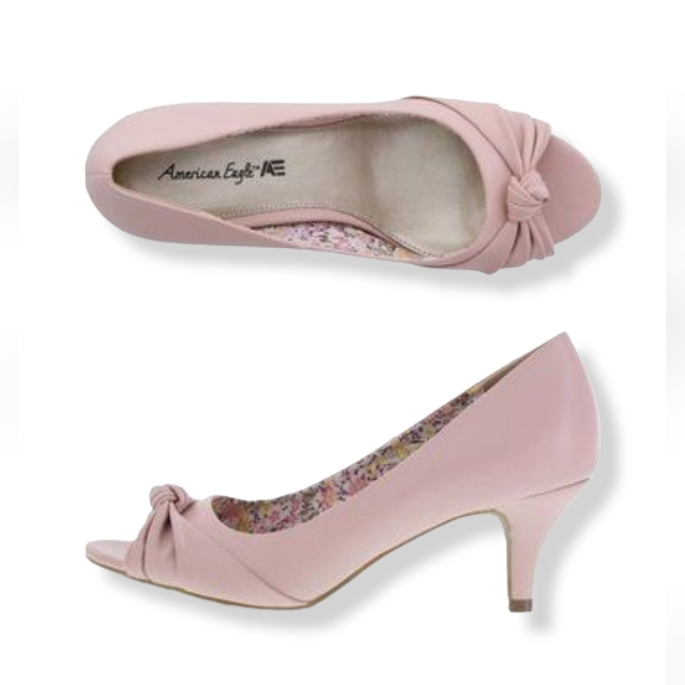 AMERICAN EAGLE Pink Front Knot Peep-Toe Kitty Heels